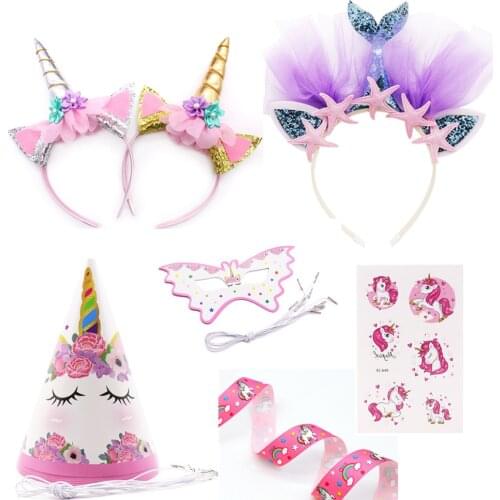 Unicorn Party Headband Girls Favor Mermaid Hair band Unicorn Ribbon Hair bow accessories Birthday kids Party Decoration supplies