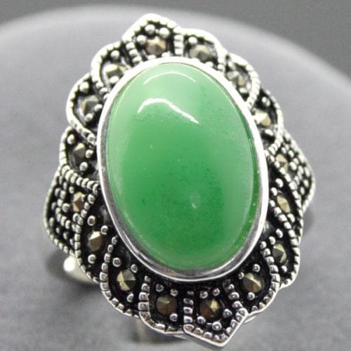 Retro17X22mm Green Jades Inlay Marcasite 925 Sterling Silver Ring 7/8/9/10