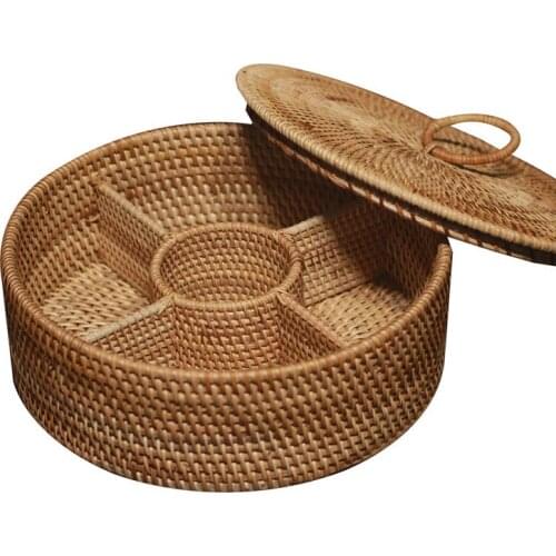 Woven candy box rattan storage basket with lid storage box food tabletop partitioned тарелки New Year snack тарелки для еды