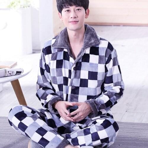 H5753 Thickened Flannel Pajamas Men Long Sleeve Coral Fleece Warm Sleepwear Suit Male Plus Velvet Soft Autumn Winter Nightwear