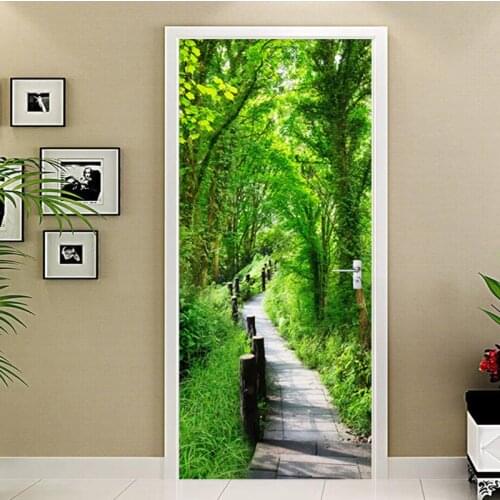 Green Forest Path Landscape Door Sticker Living Room Hotel PVC Self-Adhesive Waterproof Wallpaper 3D Door Decals Papel De Parede