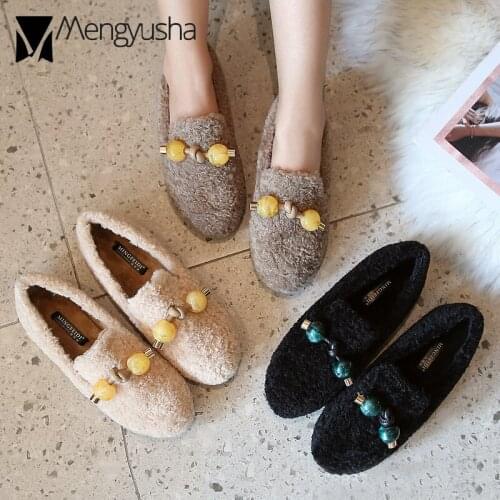 Double candy ball decoration wool fur flats women 41-43 big size cotton shoes warm plush loafers female comfy fur moccasin mules