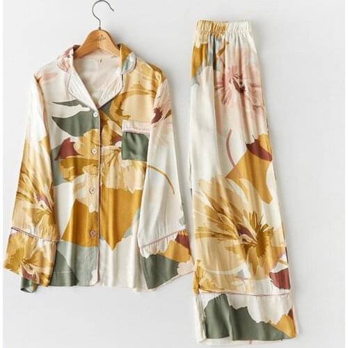 Women Satin Spring Autumn 2PCS Pajamas Suit Sweet Flower Print Sleepwear Casual Home Clothes Summer Short Sleeve Pant Nightwear