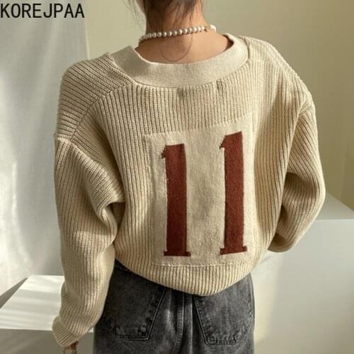 Korejpaa Women Shirt 2021 Autumn Korea Sweet Temperament Ladies V-Neck Back Digital Patch Single-Breasted Long-Sleeved Sweater