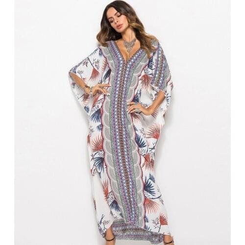 New Printed Bohemian Women Maxi Dress Batwing Sleeve Holiday Beach Wear Fashion Muslim Abaya Dubai Arabic Moroccan Robe
