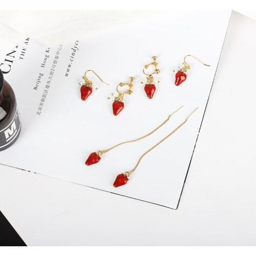 ZYZQ Sweet Soft Girl Style Long Earrings Exquisite Fruit Strawberry On Earrings Without Piercing Creative Earring