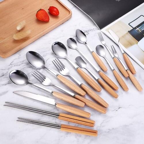 2pcs Stainless Steel Cutlery with Wooden Handle Japanese Western Tableware Hotel Gift Chopsticks Coffee Spoon Long Handle