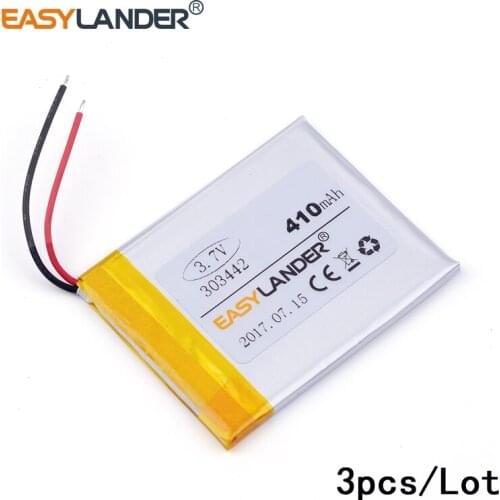 3pcs /Lot 3.7v lithium Li ion polymer rechargeable battery 303442 410mAh cells For Mp3 MP4 MP5 GPS PSP mobile bluetooth