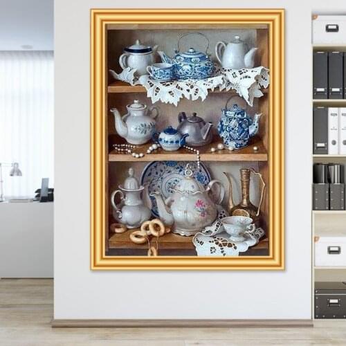 5D Diamond Painting Tea Pot Kitchen Cross stitch Kits Full Square Round Diamond Embroidery Mosaic Picture of Rhinestones Decor