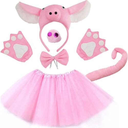 7pcs Kids Teens Pig Costume Tutu Set Skirt with Headband Tail Bow Tie Nose Gloves for Girls Women Animal Theme Party Halloween
