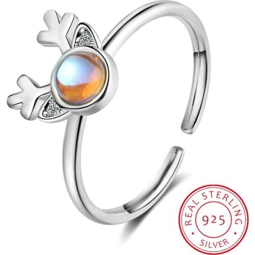 925 Silver Jewelry Ring for Women Antlers Moonstone Wedding and Birthday Gifts Anniversary Opening Adjustable Party
