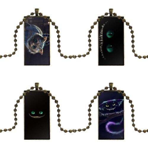 Alice In Wonderland Black Evil Cheshire Cat For Girls Gift Glass Pendant Necklace Handmade Half Pendant Rectangle Necklace