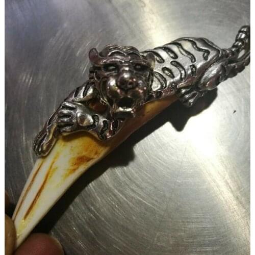 Wild Boar Teeth Silver Tiger Amulet Pendant,town House Exorcise Evil Spirit Ornaments Wolf Tooth Pendant