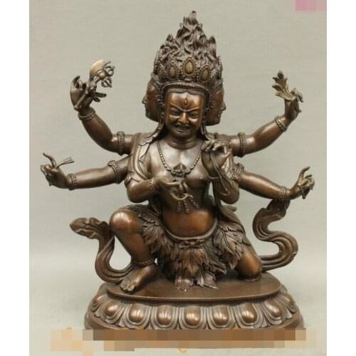 Free shipping S03279 15" Tibet Chinese Bronze Buddhism 3 Heads 6 Arms Parnashavari Statue Sculpture