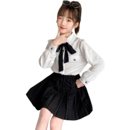 Cultiseed Girls Preppy Style Bow Collar Long Sleeve Shirts+Pleated Dress 2pc Sets Clothing Big Children Kids Casual Gown Suits