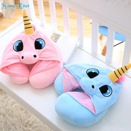 Creative Cartoon Unicorn Stuffed Plush Animal Cushion Travel Pillow Car Airplane Soft Nursing Cushion with Hat Plush Toys
