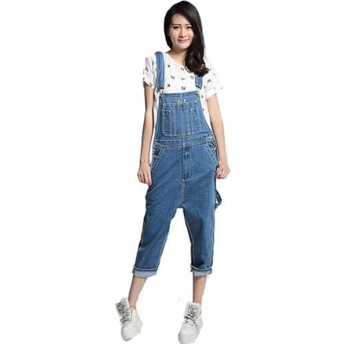 New Modis Ladies Stretch Hip Hop Denim Blue Denim Overalls Womens Large size Loose Jumpsuit pants / Cropped trousers