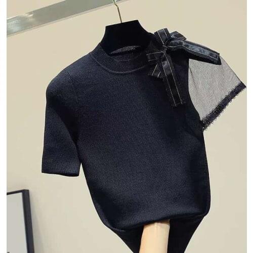 Tshirt Women Black Kintted Cotton Woman Tshirts Bow Tulle Slim Basic Korean O Neck Short Sleeve Tee Shirt 2020 Womens T-shirts