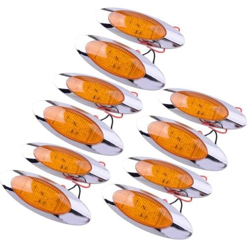 10Pcs/Set Universal Amber LED Clearance Thin Side Marker Lights Fit For Freightliner Truck 16 LED Chrome Oval 2 Wires 12V