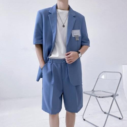 Summer 2 Pices Suits Sets Jacket Shorts for Men Harajuku Korean Streetwear Casual Short Sleeve Blazers Jacket Male Suit Coat Man