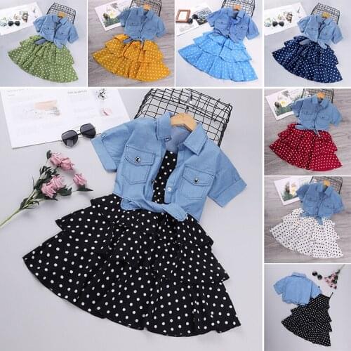 Girls Clothes Suit Denim Jacket Western Style Polka Dot Sling Skirt Suit Childrens Clothes