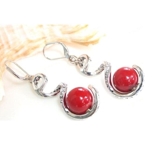 Beautiful ladys 12mm Red Shell Pearl silver Plated Earrings