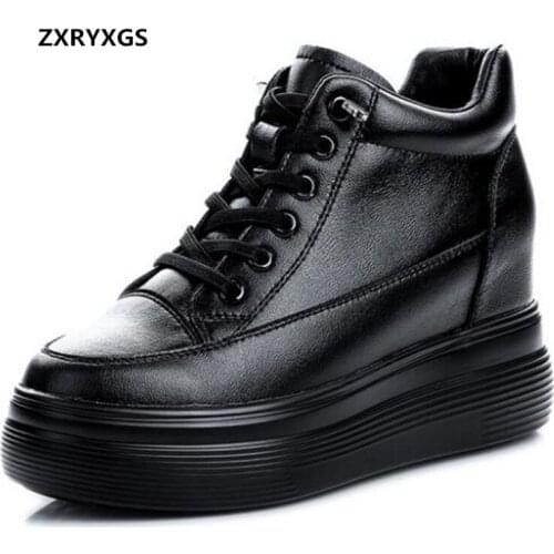 2020 Autumn Genuine Leather Platform Shoes Inner Increase High Heels Casual Sneakers Plus Velvet Warm Winter Shoes Womens Shoes