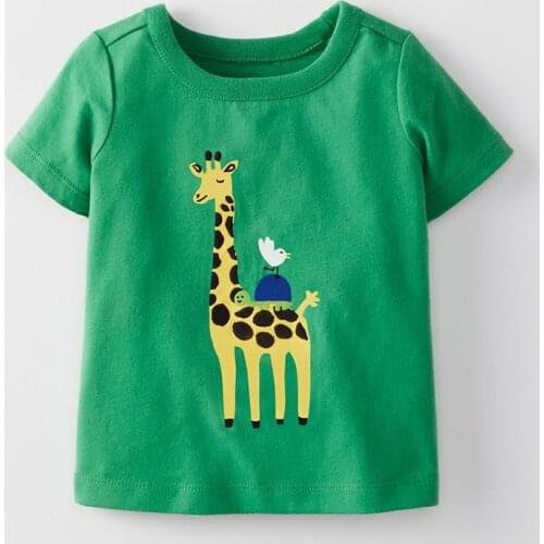Little Maven New Summer Kids Clothing Short O-neck Green Pinted Giraffe Knitted Cartoon Animal Cotton Girls Casual Tshirt Tee
