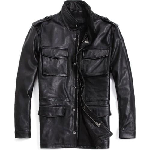Mens Genuine Leather Jacket Head Layer Cowhide Mid-Length Motorcycle Stand-up Collar Windbreaker Cowhide Coat