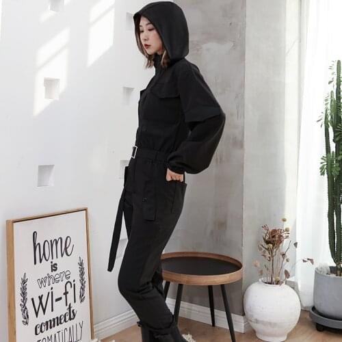 Spring and summer new black high waist versatile show thin and heroic casual work clothes one-piece pants, hooded and slim, wome