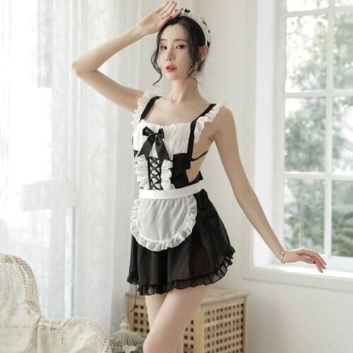 New Style Womens Sexy Maid Costume Uniform Mini Dress Female Erotic Stockings Temptation Ladies Erotic Underwear Open Bra