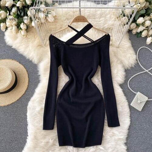 YuooMuoo Autumn Dress 2021 Sexy Cross Halter Women White Black Bodycon Mini Dress Sexy Off Shoulder Club Party Skinny Vestidos