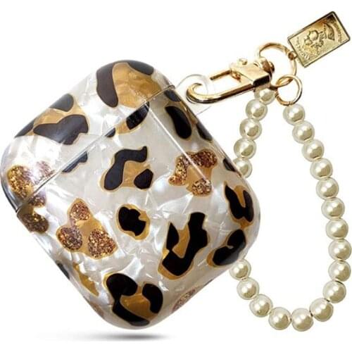 Luxury AirPods Case Cute Leopard Print with Pearl Keychain Handstring Soft PU Earphone Case Compatible with AirPods Cover 12 pro