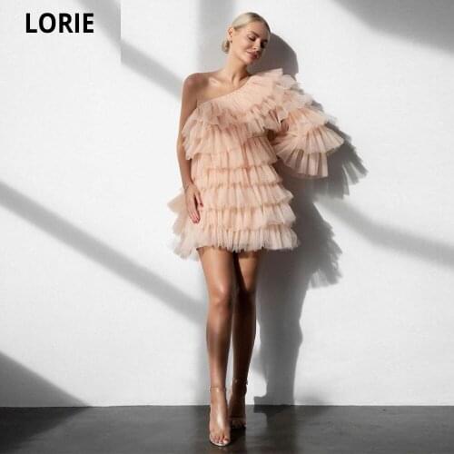 LORIE 2021 Blush Tulle Draped A Line Prom Dresses Short One Shoulder SleevesTiered Homecoming Party Gowns Vestidos De Noche