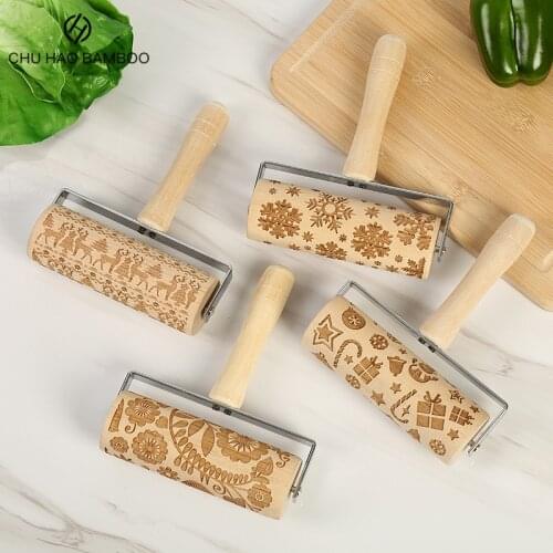 Christmas Embossing Wood Rolling Pin Embossing Cake Dough Roller DIY Kitchen Baking Tool for Household Baking Accessories