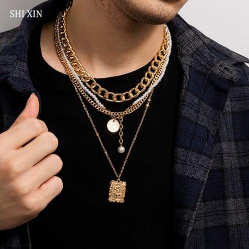 SHIXIN 2 Pcs/Set Thick Link Chain Choker Collar With Coin Flower Pendants Necklace Women/Men Small Pearl Beads Necklaces Jewelry