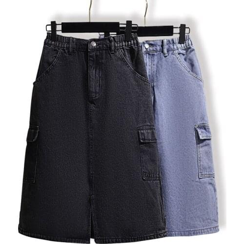 High Waist A-line Buttock Skirt Mid Length Split Denim Skirt 2021 Summer New Large Size High Waist Womens Skirts Faldas