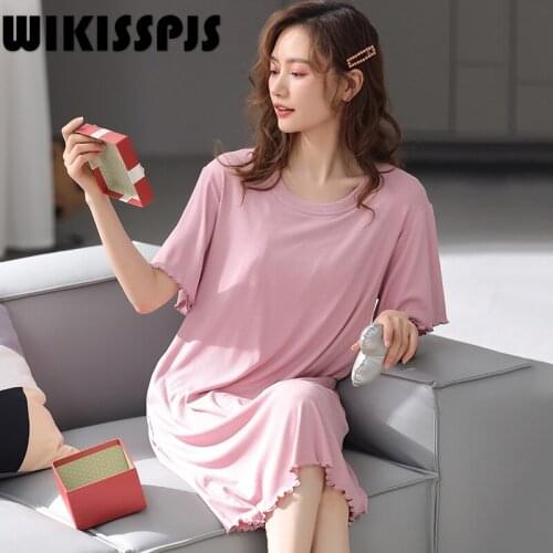 WIKISSPJS Summer Modal Pajamas Solid Home Skirt Bra Short Sleeve Nightgown Pink Lingerie Plus Size Robe Sets Sleepwear Women