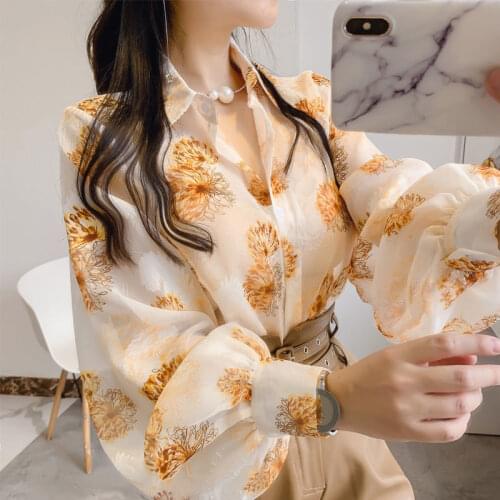 Shirt Women Sunscreen Summer Loose 2021 New Print Top Lapel Chiffon Lantern Sleeve Shirt