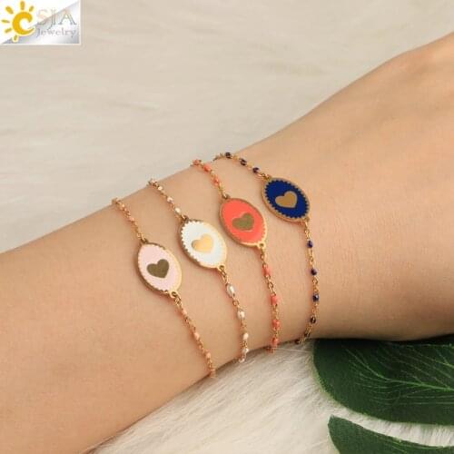 CSJA Womens Stainless Steel Bracelets Enamel Heart Charms Pendant Gold Color Slim Link Chain Beads Jewelry for Best Friend S720