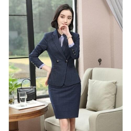 High Quality Fabric Formal Blue Striped Blazer Women Business Suits with Skirt and Jacket Sets Ladies Work Wear Clothes