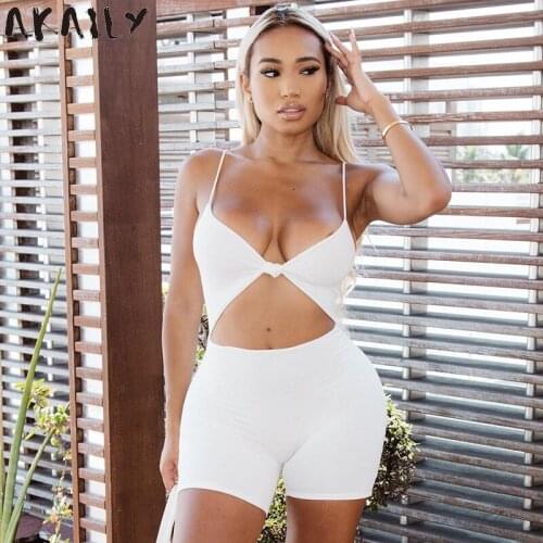 Akaily Streetwear Black Hollow Out Rompers Summer Women Jumpsuit White Bodycon Spaghetti Strap Sleeveless Playsuit Female 2021