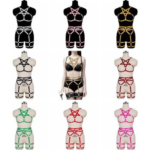 Punk Pentagram Harness For Women Black Elastic Adjust Bondage Bralette Strappy Tops Pastel Goth Harajuku Sexy Lingerie Set Dance