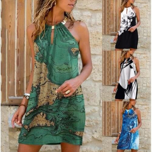 Harajuku Strap Dress Loose Womens Summer Dresses Metal Hanging Neck World Map Print Sleeveless Dresses Boho Halter Mini Dress