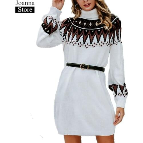 Winter Women High Neck Knit Long Dress Ethnic Style Stitching Knitted Dresses Plus Size Thick Warm Casual Vintage Ladies Clothes