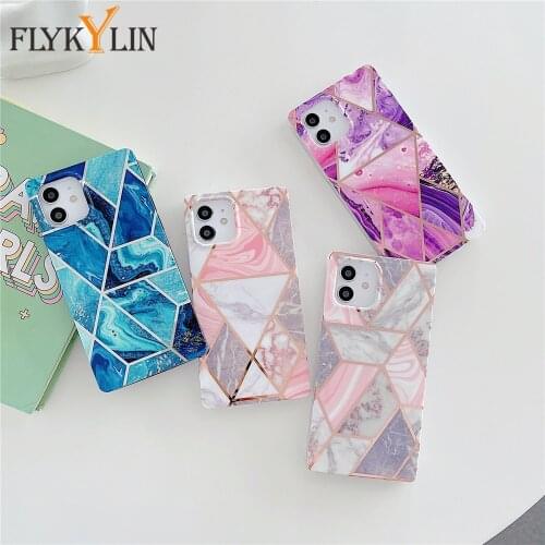 FLYKYLIN Plating Geometric Square Phone Case sFor iPhone 12 11 Pro XR X XS Max 7 8 Plus SE 2020 Soft Silicone Marble Back Cover