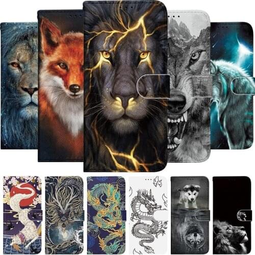 Flip Wallet Case For Huawei P30 P20 Lite New Edition Y9 P Smart 2019 2020 Honor 10 Lite 9X Animal Lion Dragon Leather Case Cover