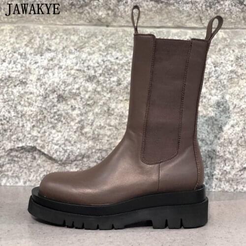 Classic Coffee Brown Chelsea Boots Women Platform Shoes Round Toe Thick Sole Mid-calf Boots Cool Block Heel Street Short Boots