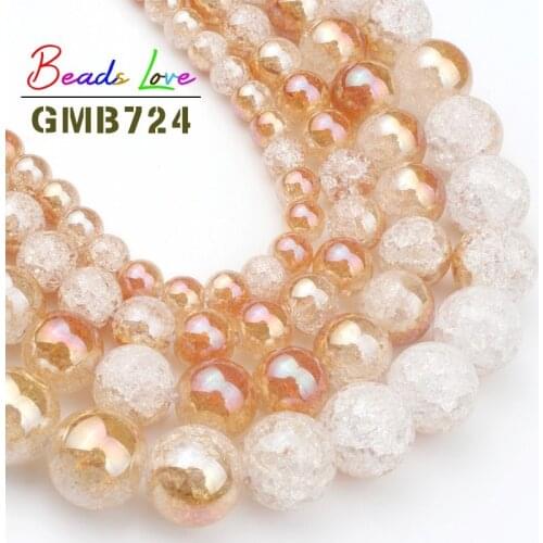 Natural Plated Champagne White Snow Cracked Crystal Stone Round Beads for Jewelry Making 6 8 10 12mm 15'' Diy Bracelet Jewellery