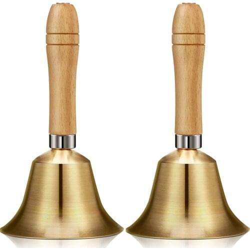 2 Pieces Brass Hand Call Bells with Wooden Handle Handbells,Held Service Bell,Animal Bell Decoration